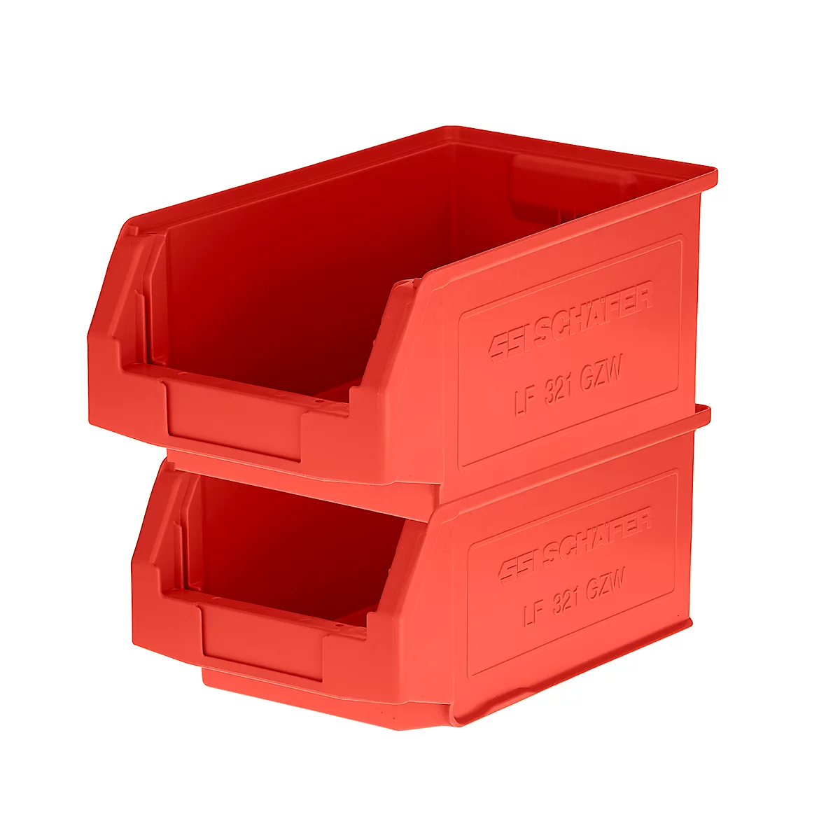 Zwei rote, stapelbare Sichtlagerkästen aus Kunststoff mit der Aufschrift SSI SCHÄFER LF 321 GZW.