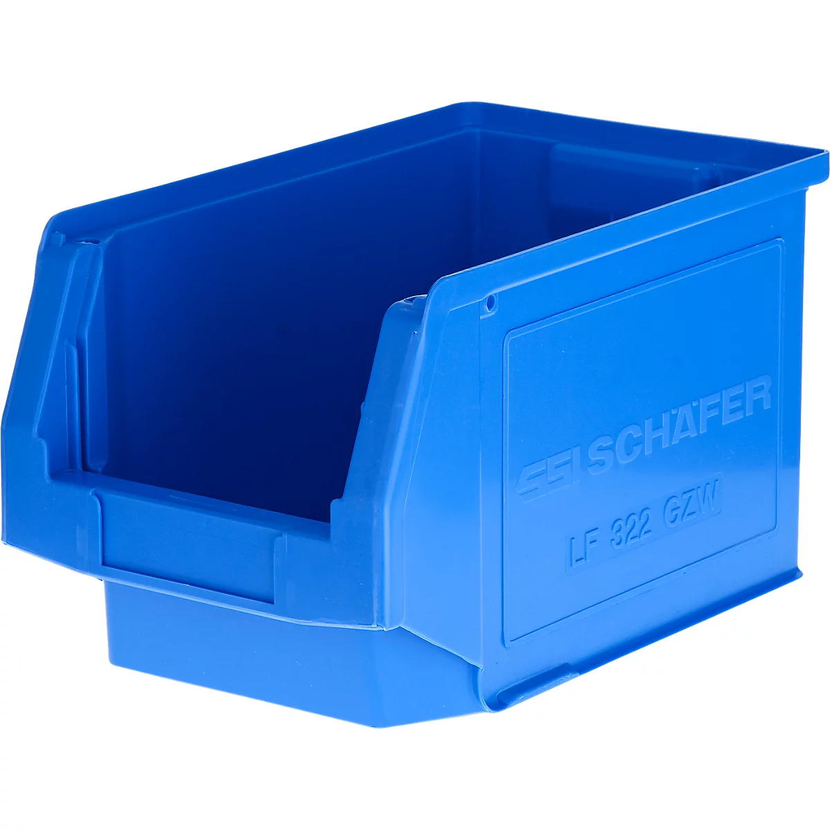 Blaue SSI Schäfer Sichtlagerbox LF 322 GZM aus Kunststoff vor weißem Hintergrund.