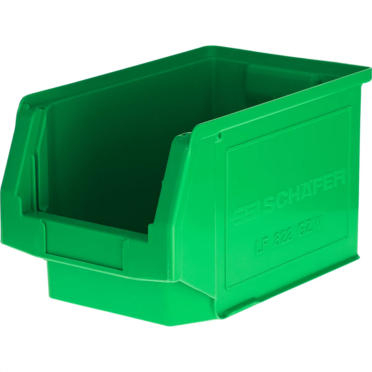 Grüne Sichtlagerbox aus Kunststoff von Schäfer vor weißem Hintergrund.