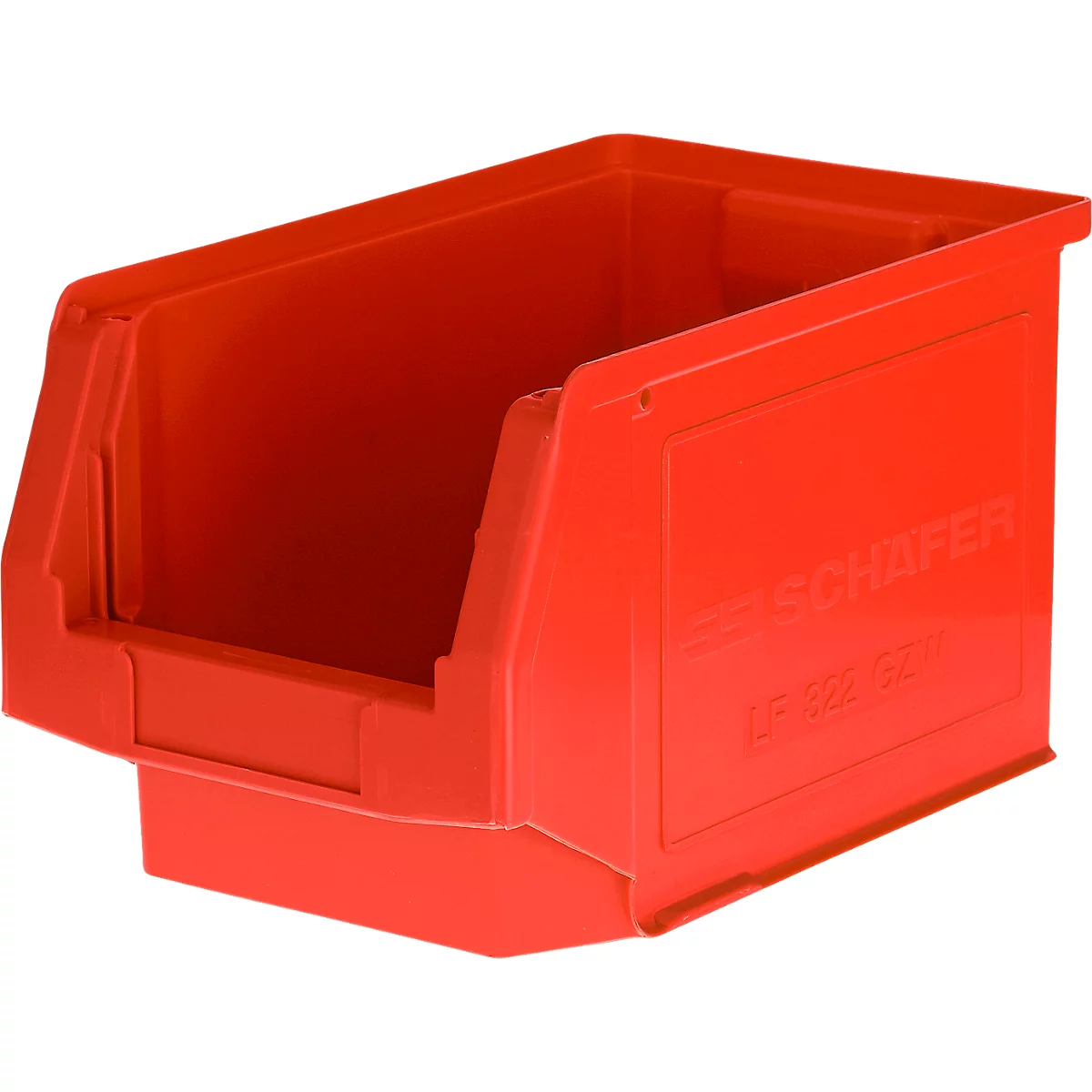 Rote Sichtlagerbox aus Kunststoff mit offener Vorderseite und eingeprägtem Schäfer-Logo auf der Seitenwand.