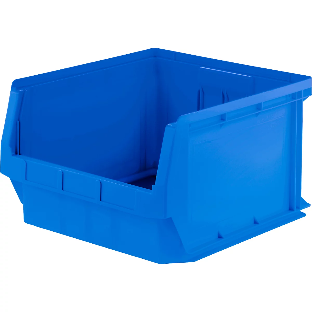 Blaue, offene Sichtlagerbox aus Kunststoff mit schräger Frontöffnung.
