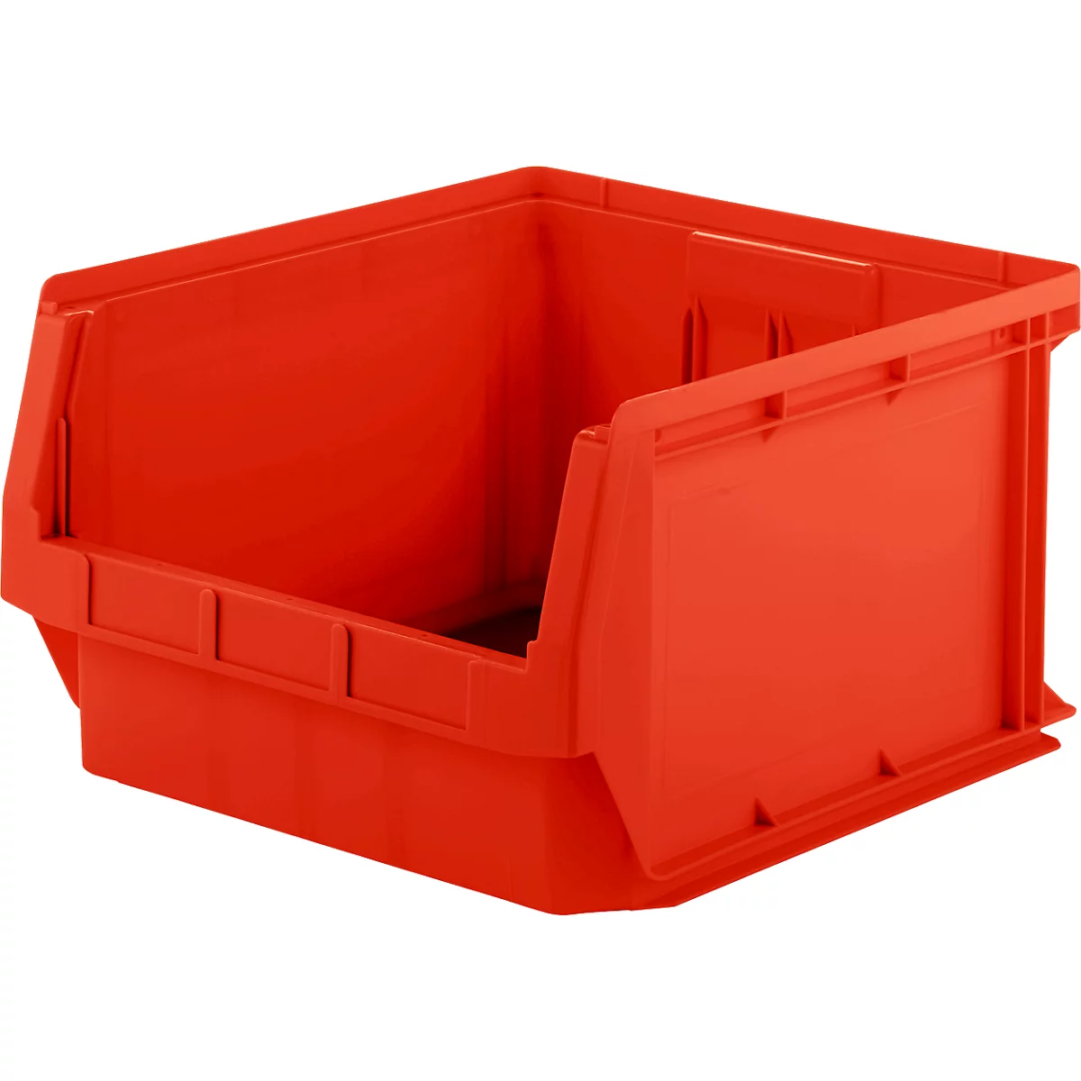Leere, rote Sichtlagerbox aus Kunststoff mit offener Vorderseite vor weißem Hintergrund.