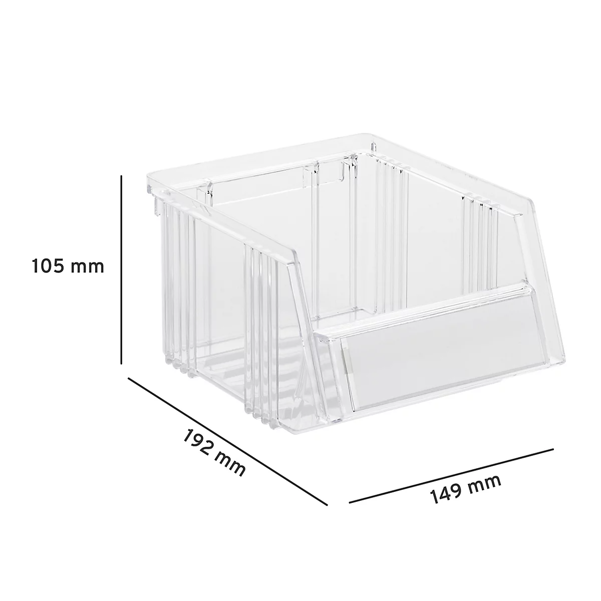 Transparente Stapelbox aus Kunststoff mit Maßangaben 105 mm, 192 mm und 149 mm.