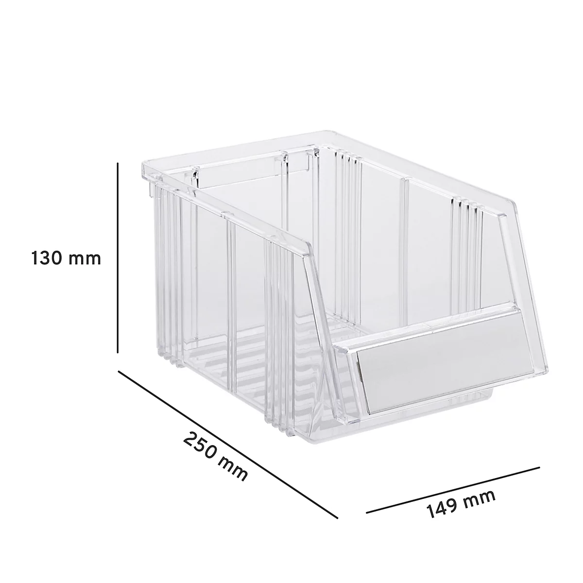 Transparente Sichtlagerbox mit Maßangaben von 250 mm Länge, 149 mm Breite und 130 mm Höhe.