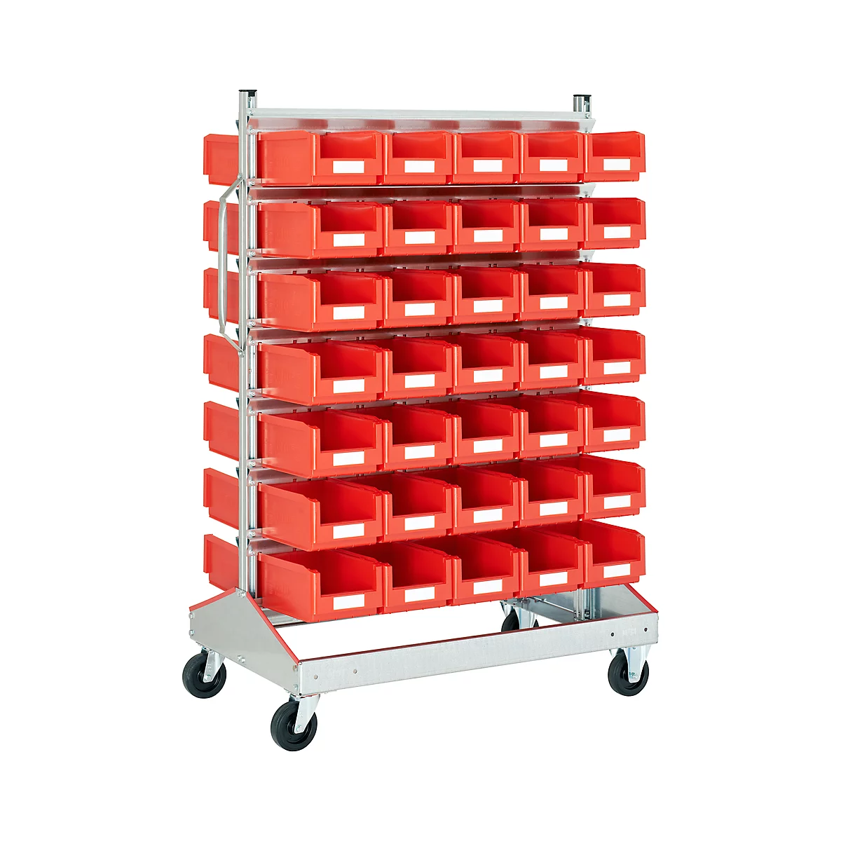 Sichtrollwagen f. Sichtlagerkästen, zweiseitig, B 1130 x T 710 x H 1705 mm, 70 x 7,5 l rot