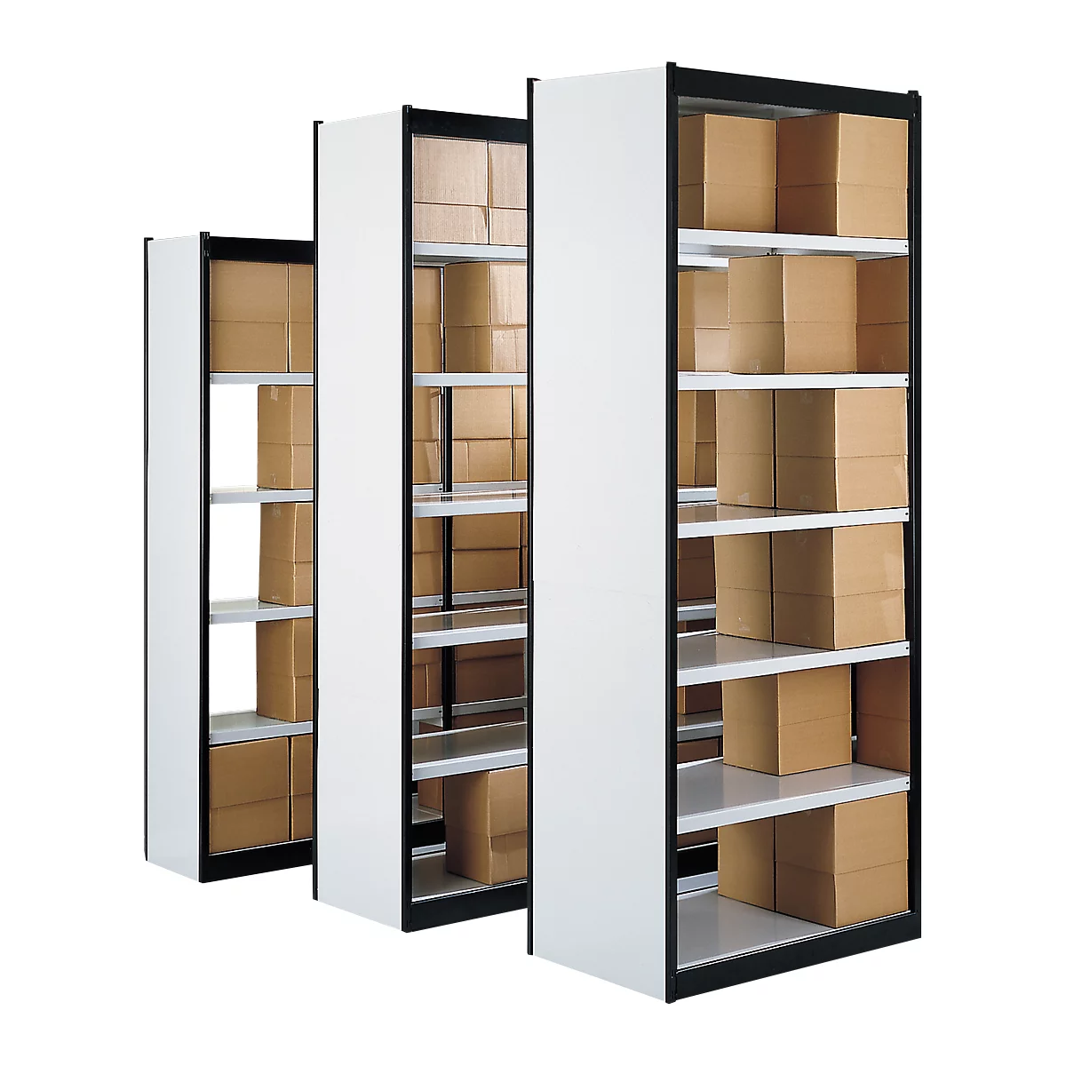 Three white, black shelf walls with brown boxes on the shelves.