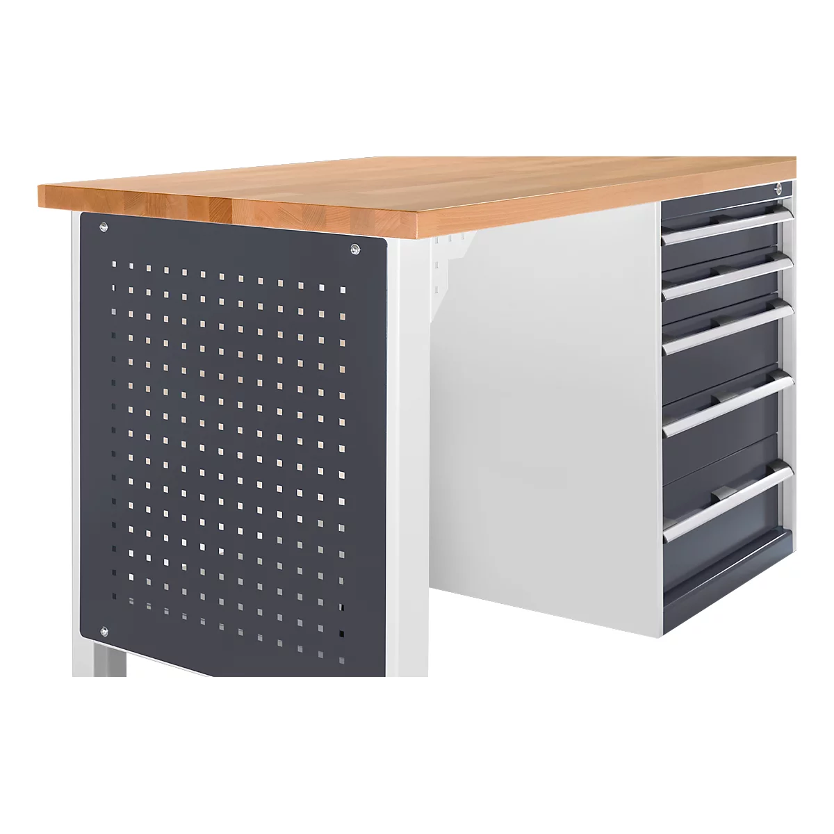 Workbench with wooden top and drawers. Side panel with holes. Drawers with metal handles.