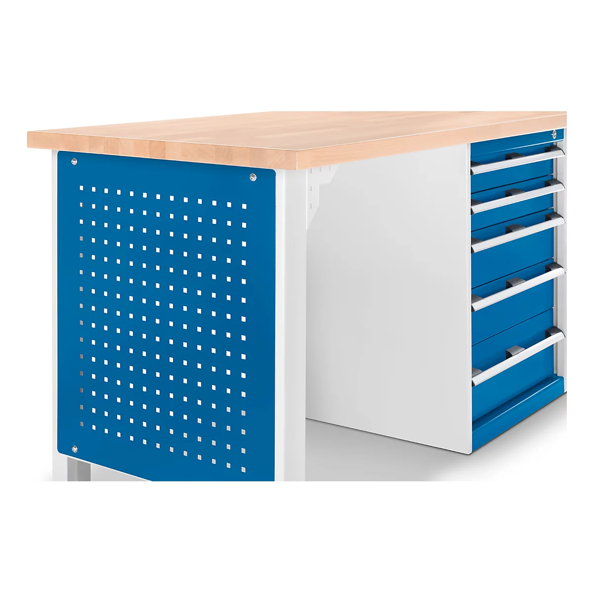 Workbench with wooden top, blue drawers and perforated sheet metal side panel.