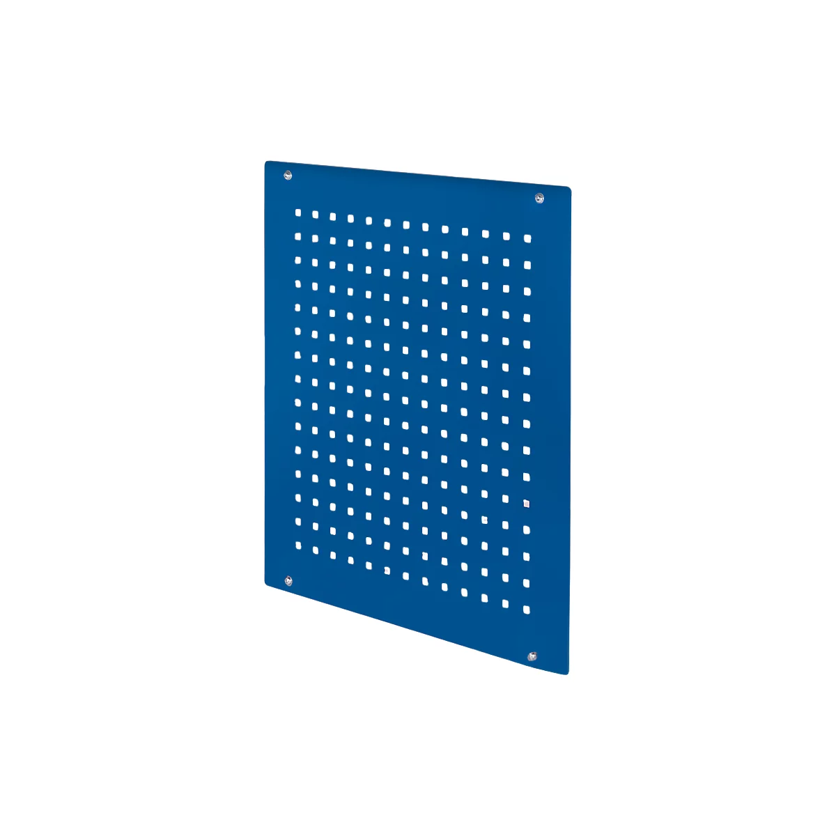 Blue square metal plate with square holes. Screws are attached at the corners.