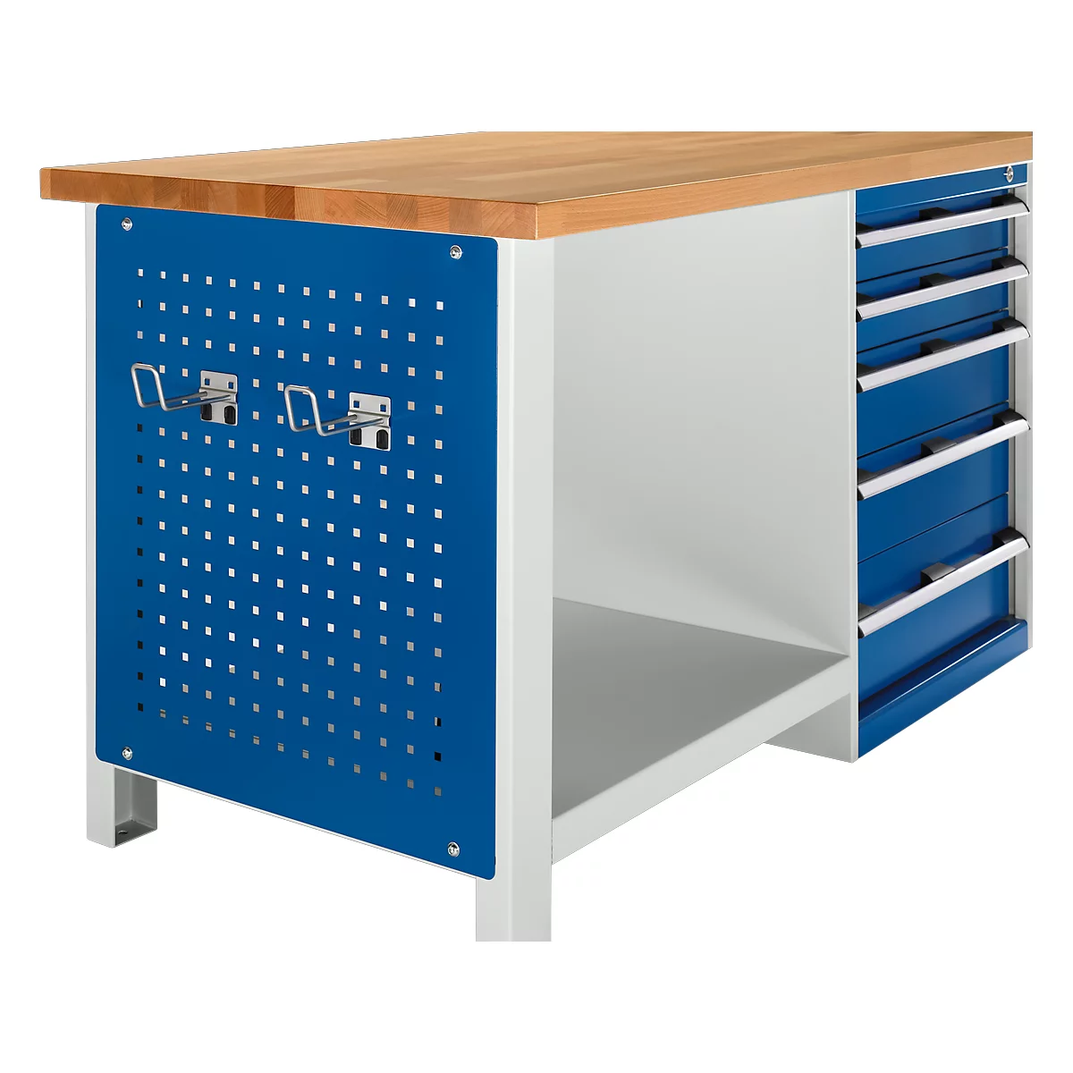 Workbench with wooden top, blue perforated sheet and drawers. Hooks are attached to the perforated sheet.