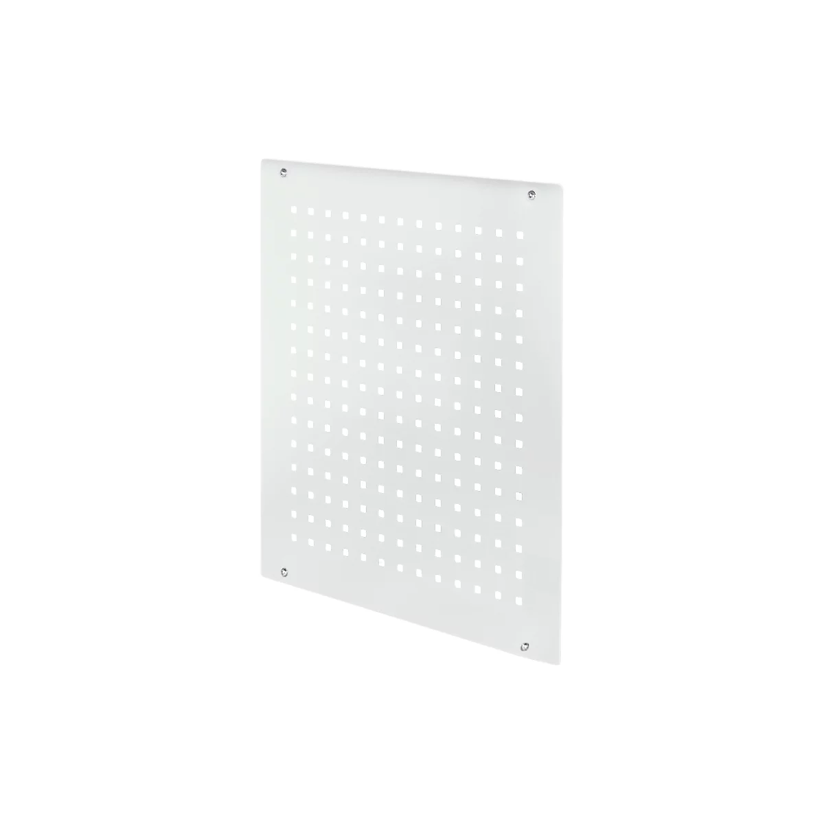 White, square panel with evenly spaced square holes. A screw is visible in each corner.
