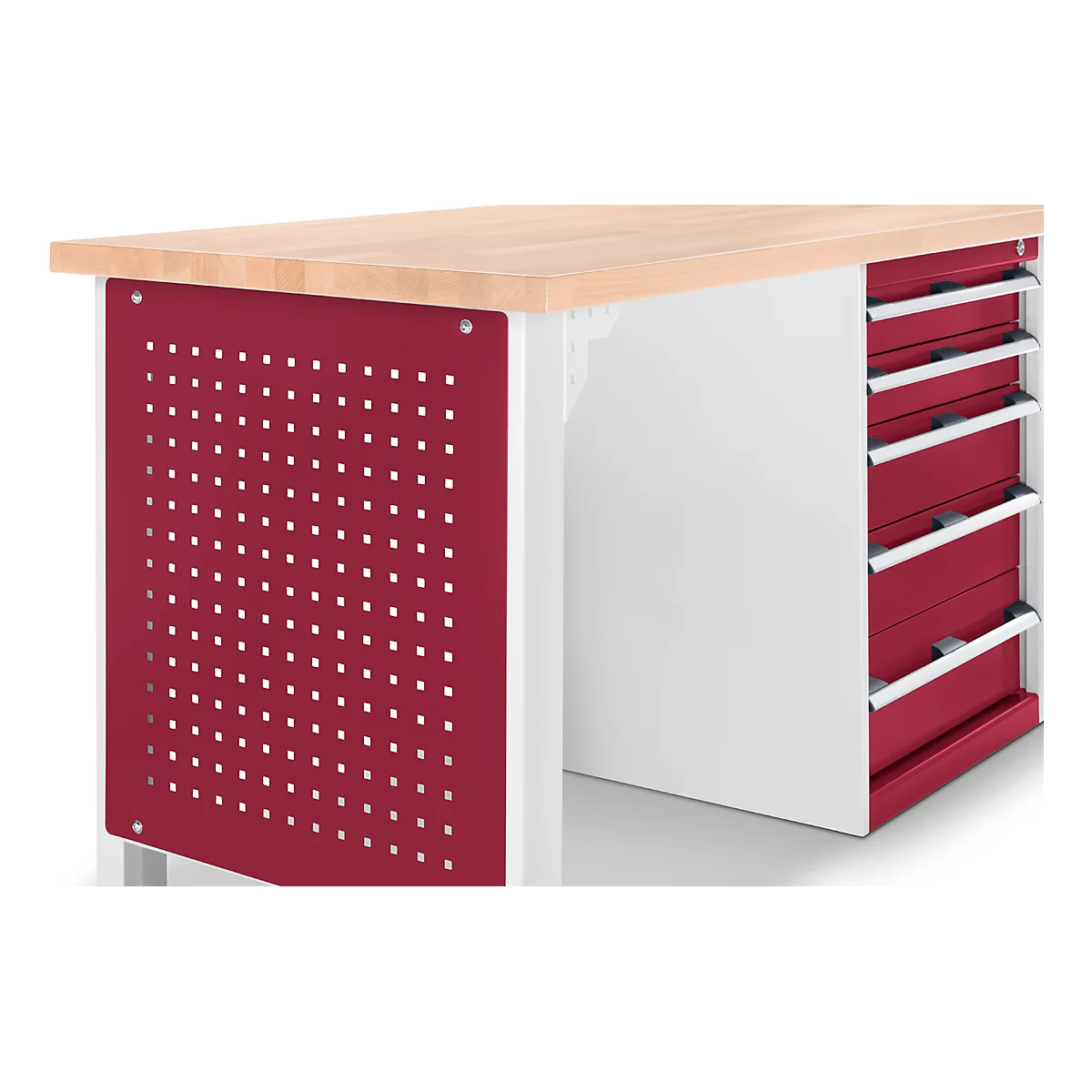 Close-up of a workbench. Wooden top, red perforated side and drawers. White frame and silver handles.