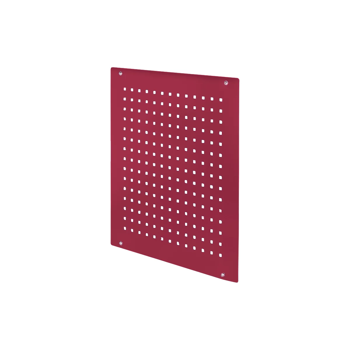 Red perforated panel with square holes, fixed by screws.