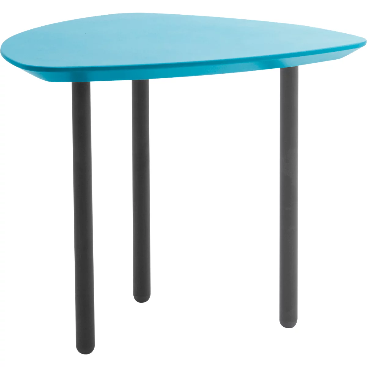 A small table with a blue, teardrop-shaped tabletop and three dark legs.