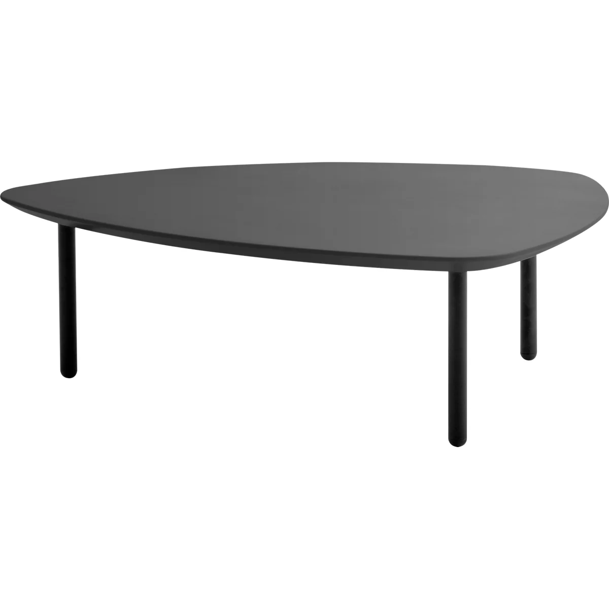 Triangular grey coffee table with black legs.