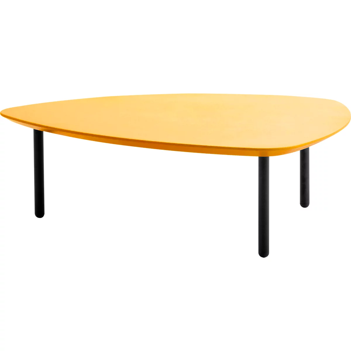 A triangular yellow table with three black legs against a white background.