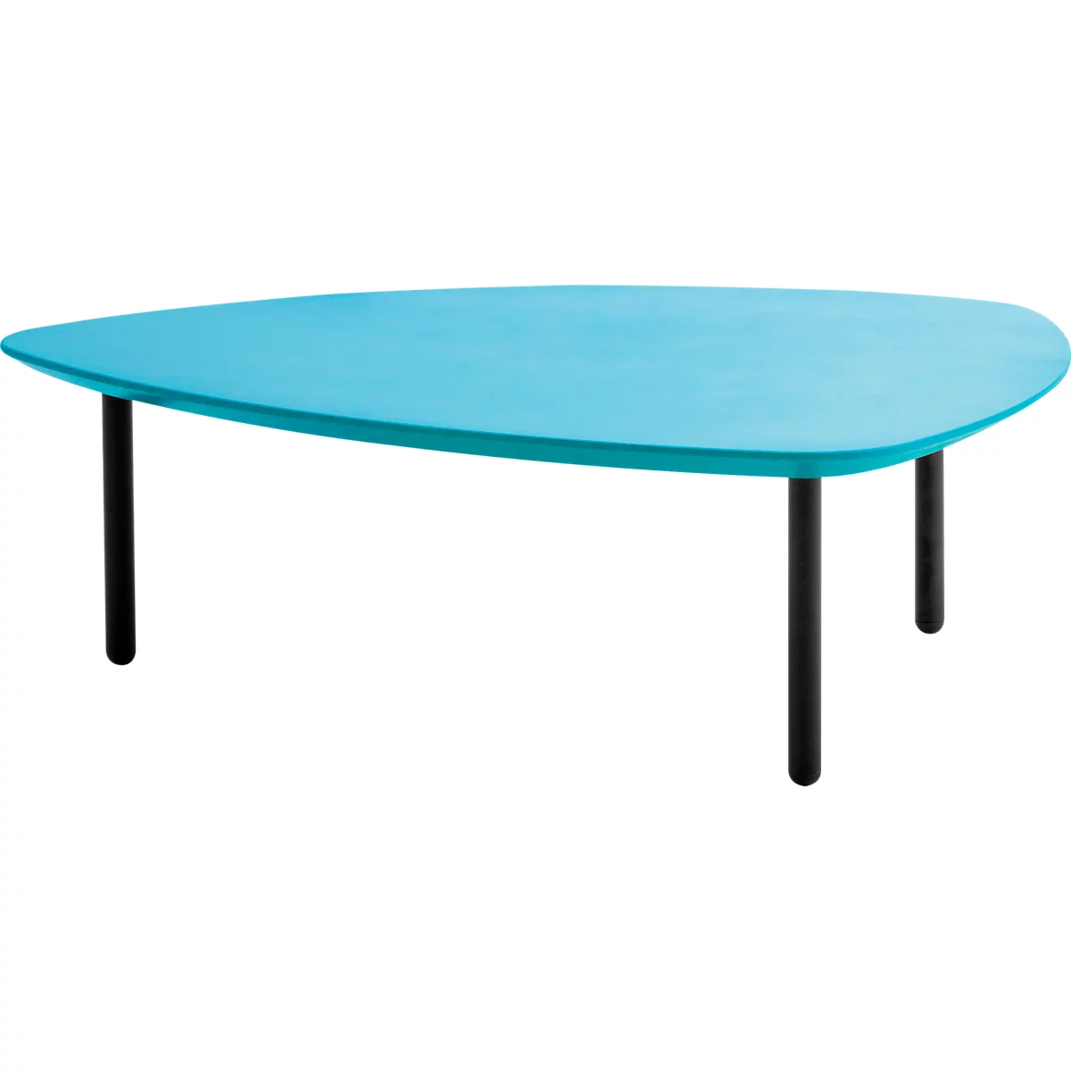 Turquoise triangular table with black legs.