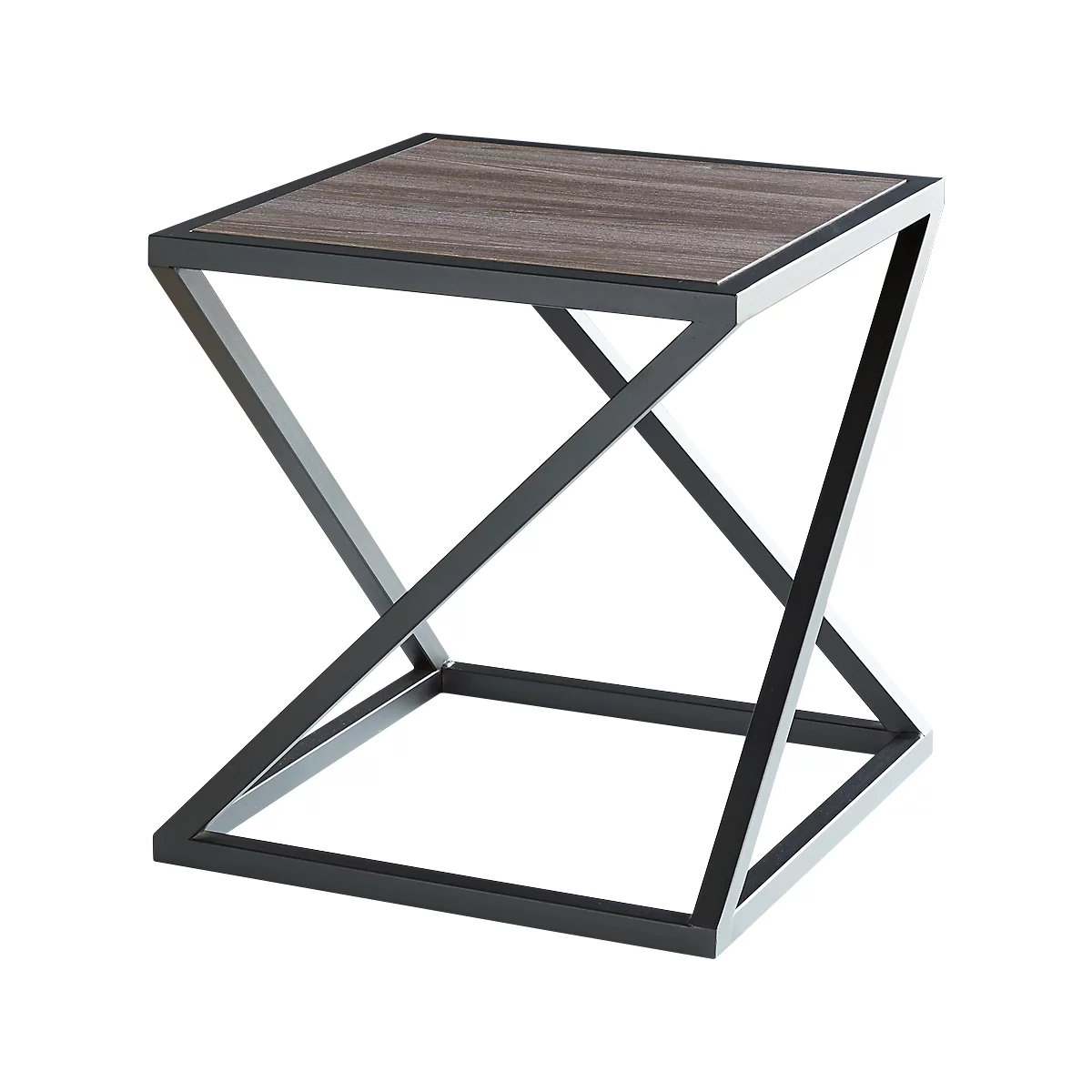 Side table with wood-look top and metal frame with crossed struts.