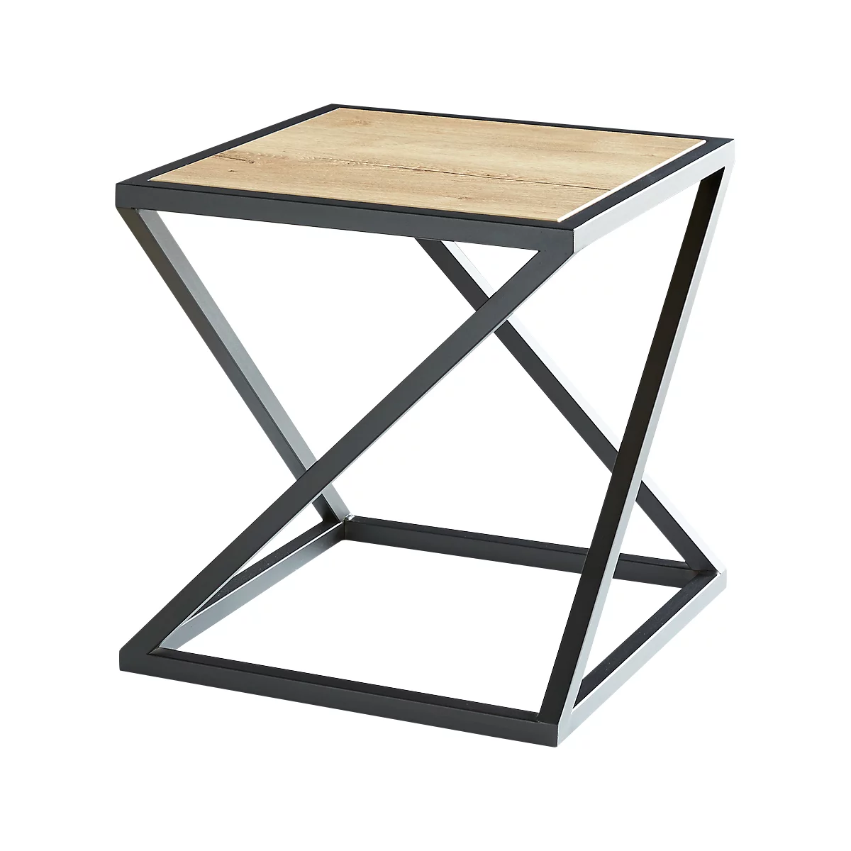 Square side table with wooden top and metal frame.