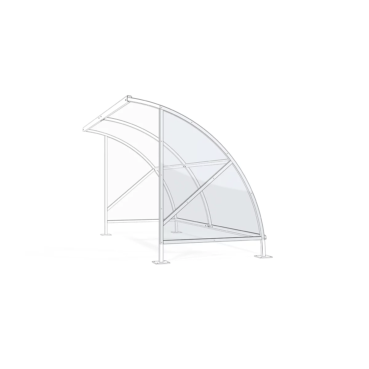 Structure of a shelter: metal frame with transparent plastic panels, depicted on a white background.