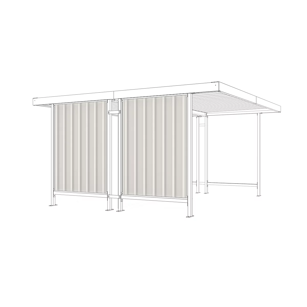 Structural drawing of a metal structure with corrugated elements, roof and posts.
