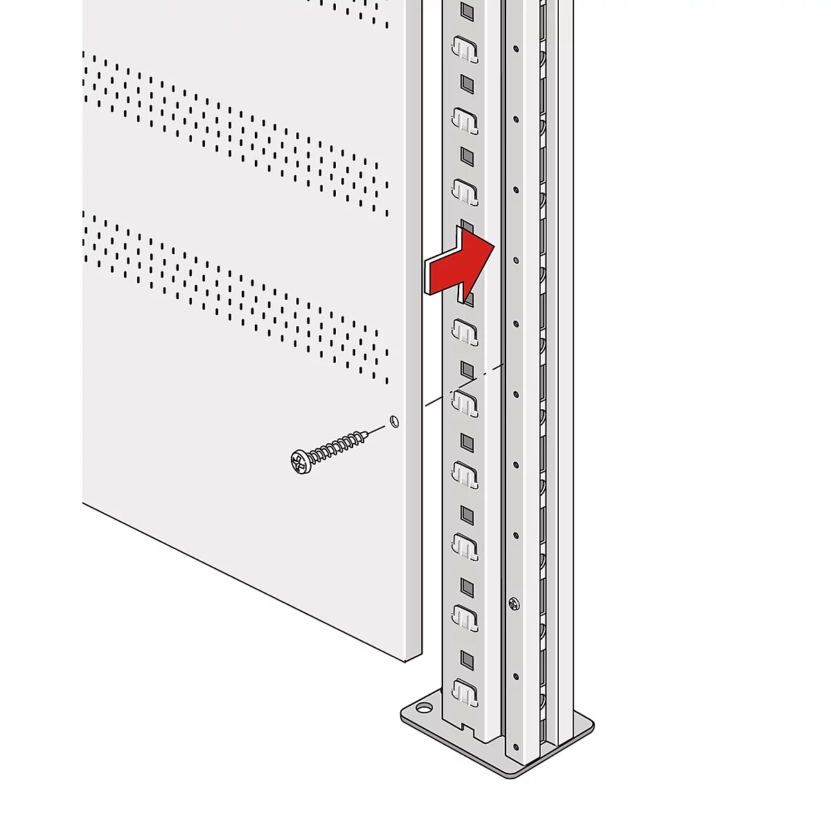 Detailed view of an assembly process: A white panel is being attached to a metal support with a screw and a red arrow.