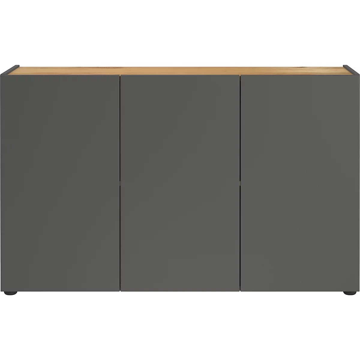 Buffet gris foncé avec trois portes et un plateau en bois.