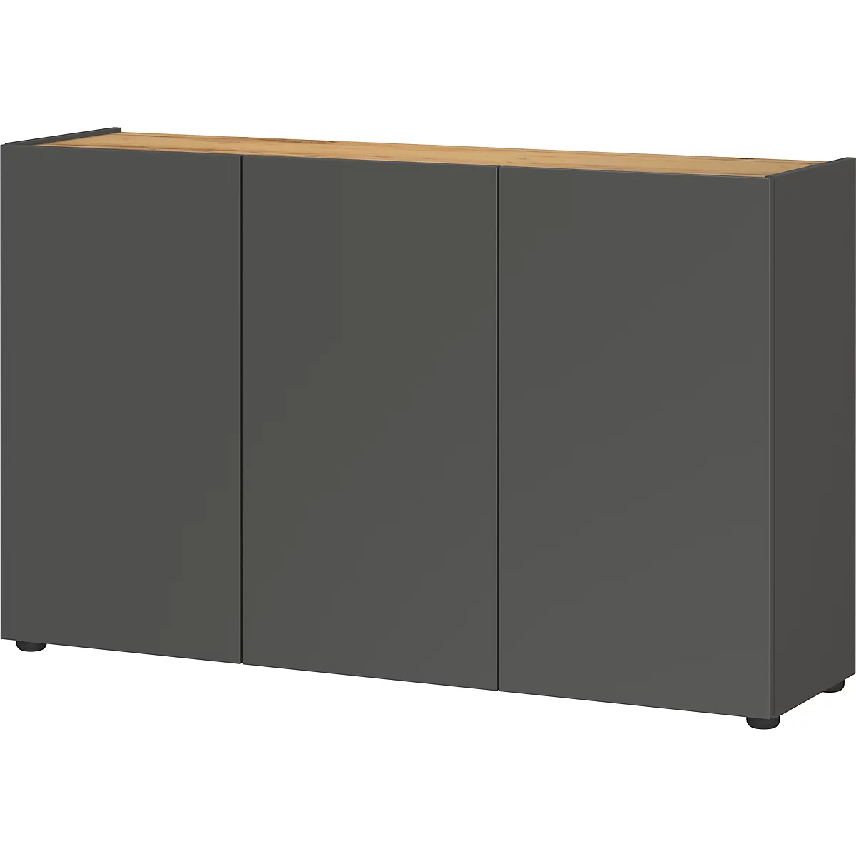Buffet gris foncé à trois portes, dessus en bois clair. Pieds noirs.