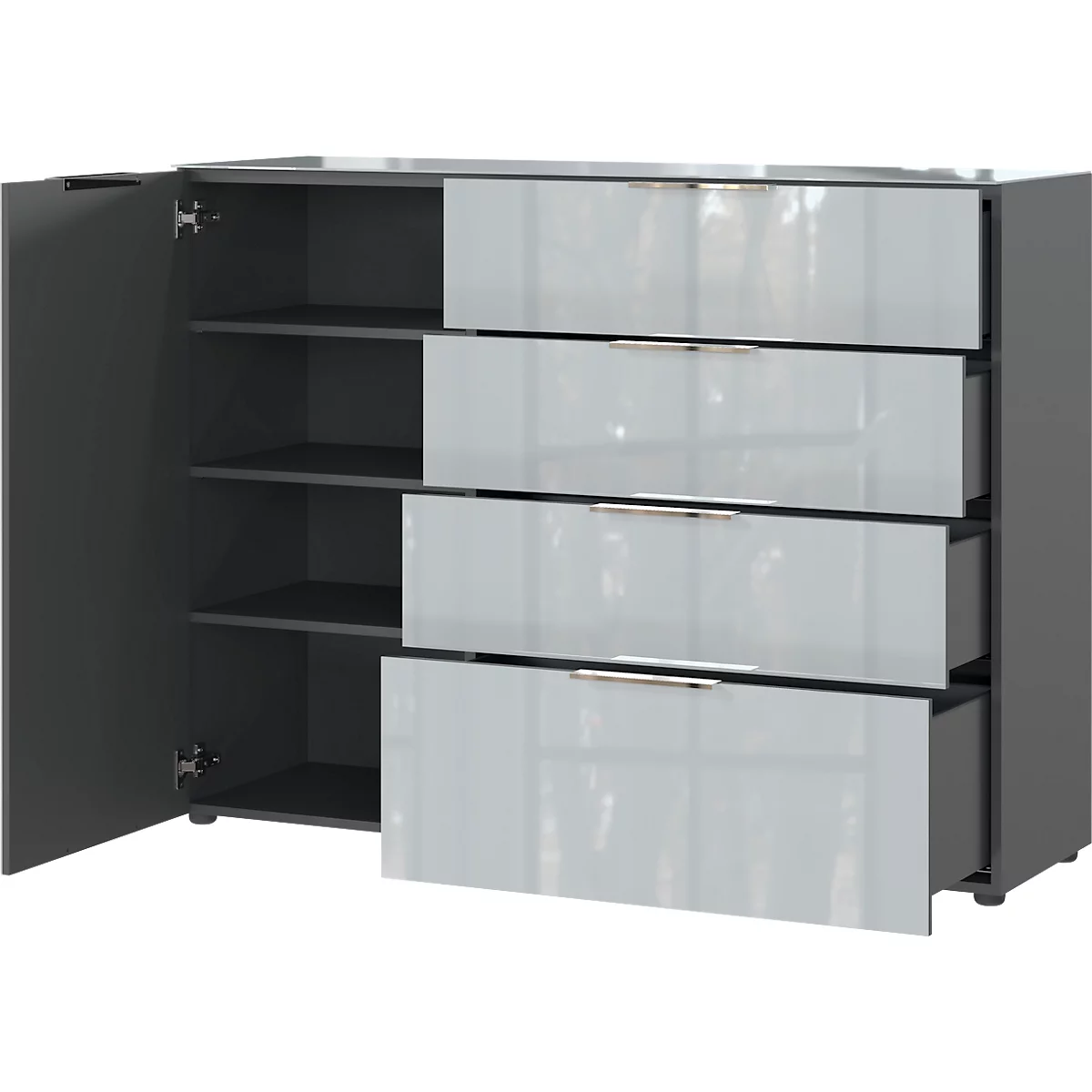 Sideboard, mit 4 Schubladen und 1 Tür, Glasfront- und auflage, B 1340 x T 420 x H 1020 mm, graphit/silbergrau