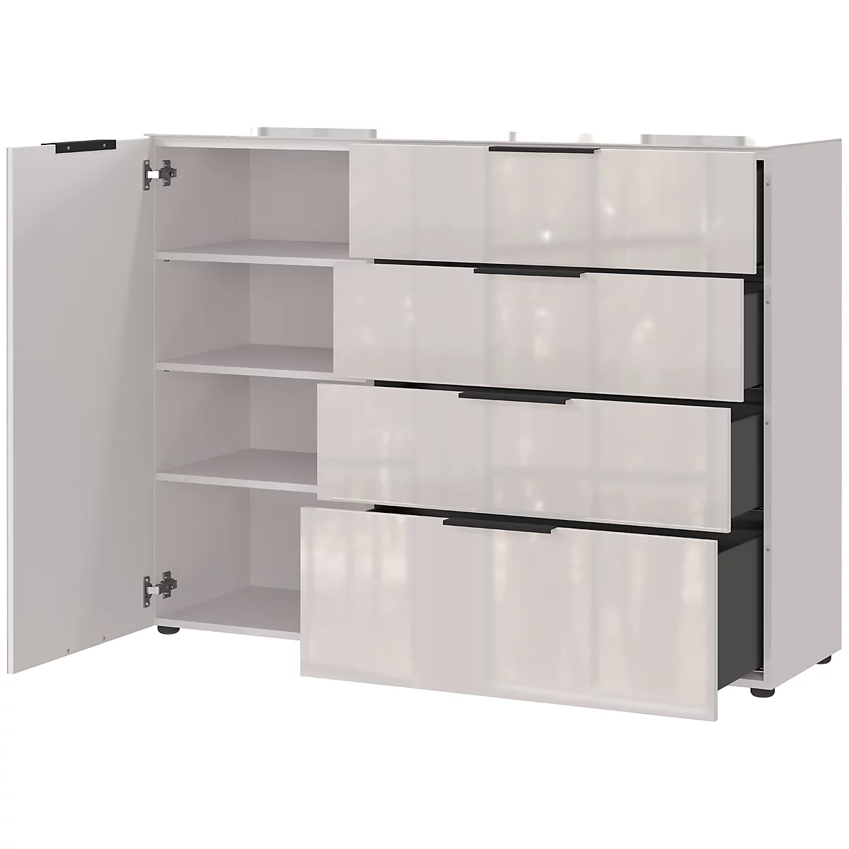 Weißer Schrank mit offenen Türen und Schubladen. Innenregale und Schubladen mit schwarzen Griffen.
