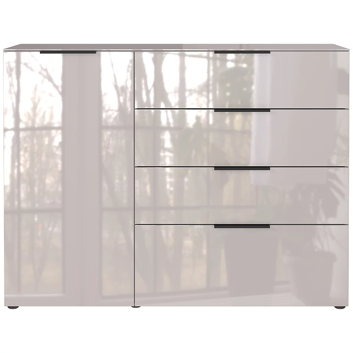 Eine helle, glänzende Kommode, mit zwei Türen und drei Schubladen, die das Tageslicht reflektieren.