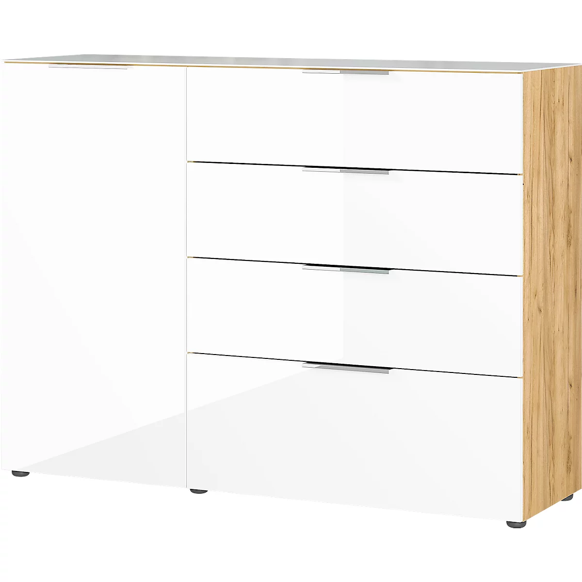Sideboard, mit 4 Schubladen und 1 Tür, Glasfront- und auflage, B 1340 x T 420 x H 1020 mm, Navarra-Eiche/weiß