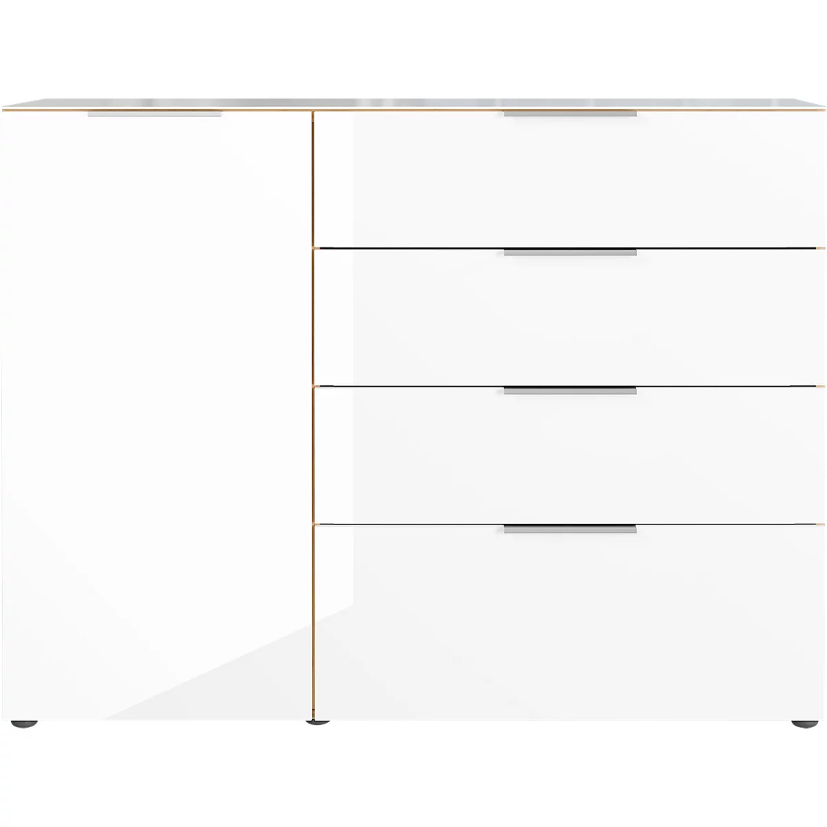 Sideboard, mit 4 Schubladen und 1 Tür, Glasfront- und auflage, B 1340 x T 420 x H 1020 mm, Navarra-Eiche/weiß