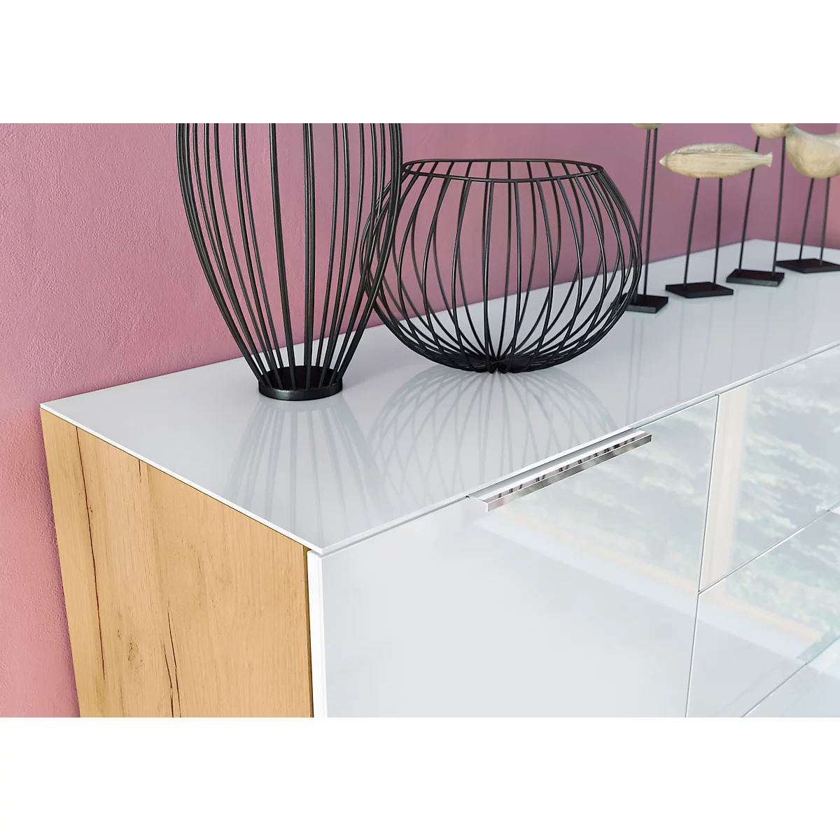 Sideboard, mit 4 Schubladen und 1 Tür, Glasfront- und auflage, B 1340 x T 420 x H 1020 mm, Navarra-Eiche/weiß
