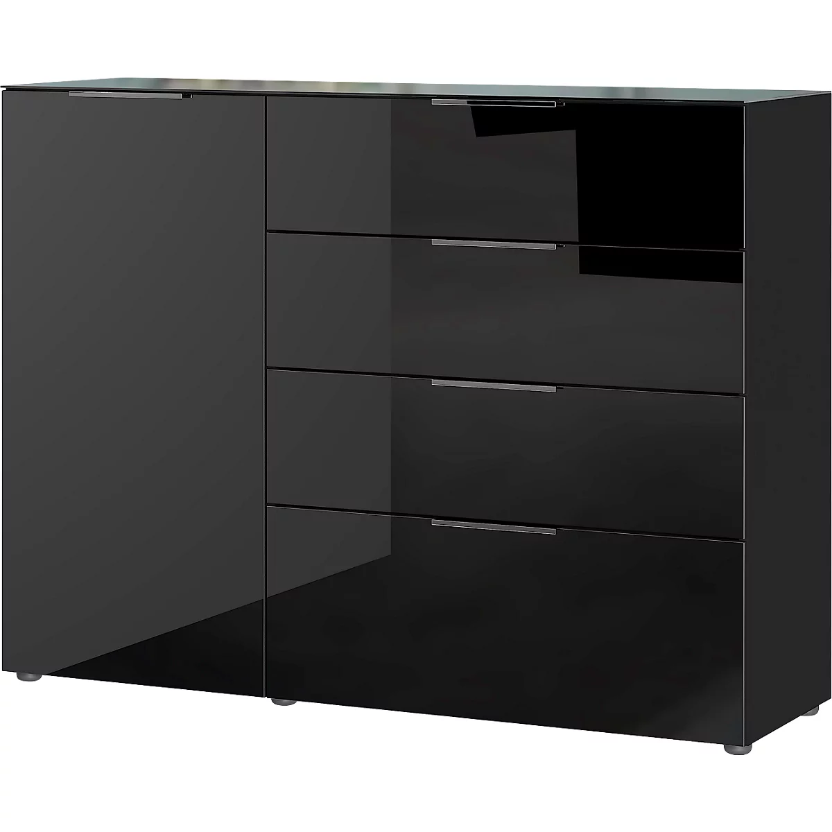Sideboard, mit 4 Schubladen und 1 Tür, Glasfront- und auflage, B 1340 x T 420 x H 1020 mm, schwarz