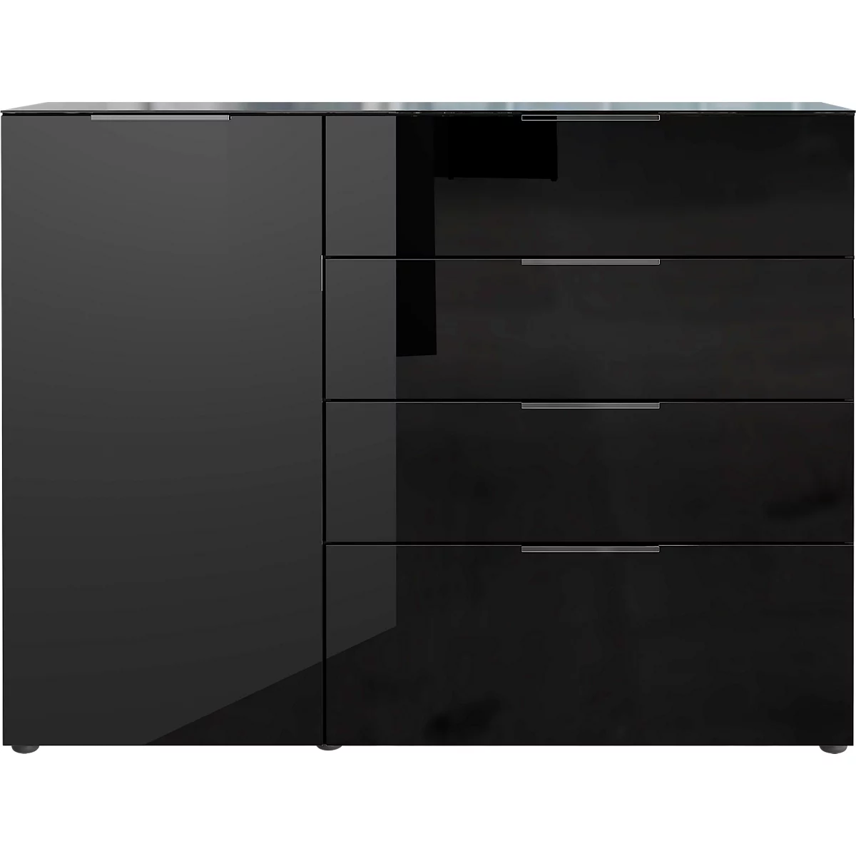 Sideboard, mit 4 Schubladen und 1 Tür, Glasfront- und auflage, B 1340 x T 420 x H 1020 mm, schwarz