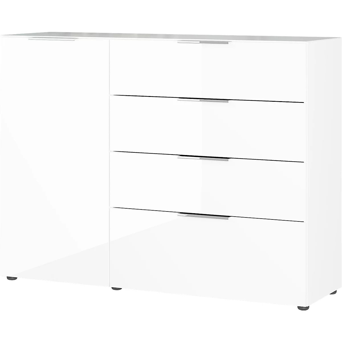 Sideboard, mit 4 Schubladen und 1 Tür, Glasfront- und auflage, B 1340 x T 420 x H 1020 mm, weiß