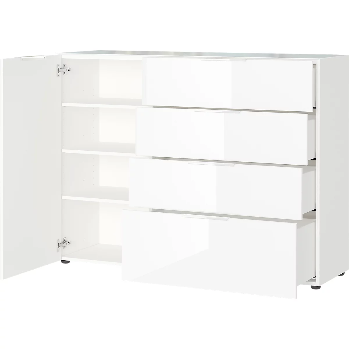 Sideboard, mit 4 Schubladen und 1 Tür, Glasfront- und auflage, B 1340 x T 420 x H 1020 mm, weiß