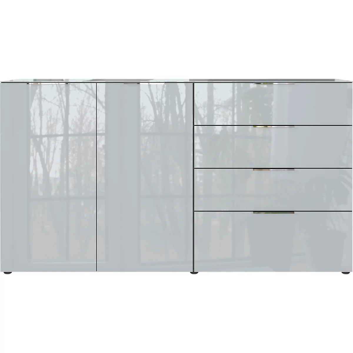Sideboard, mit 4 Schubladen und 2 Türen, Glasfront- und auflage, B 1840 x T 420 x H 1020 mm, graphit/silbergrau