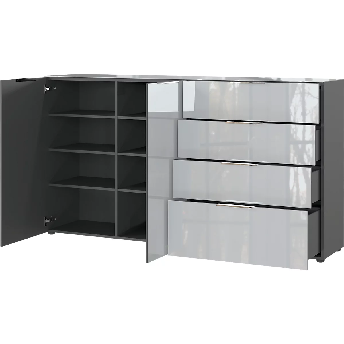 Sideboard, mit 4 Schubladen und 2 Türen, Glasfront- und auflage, B 1840 x T 420 x H 1020 mm, graphit/silbergrau