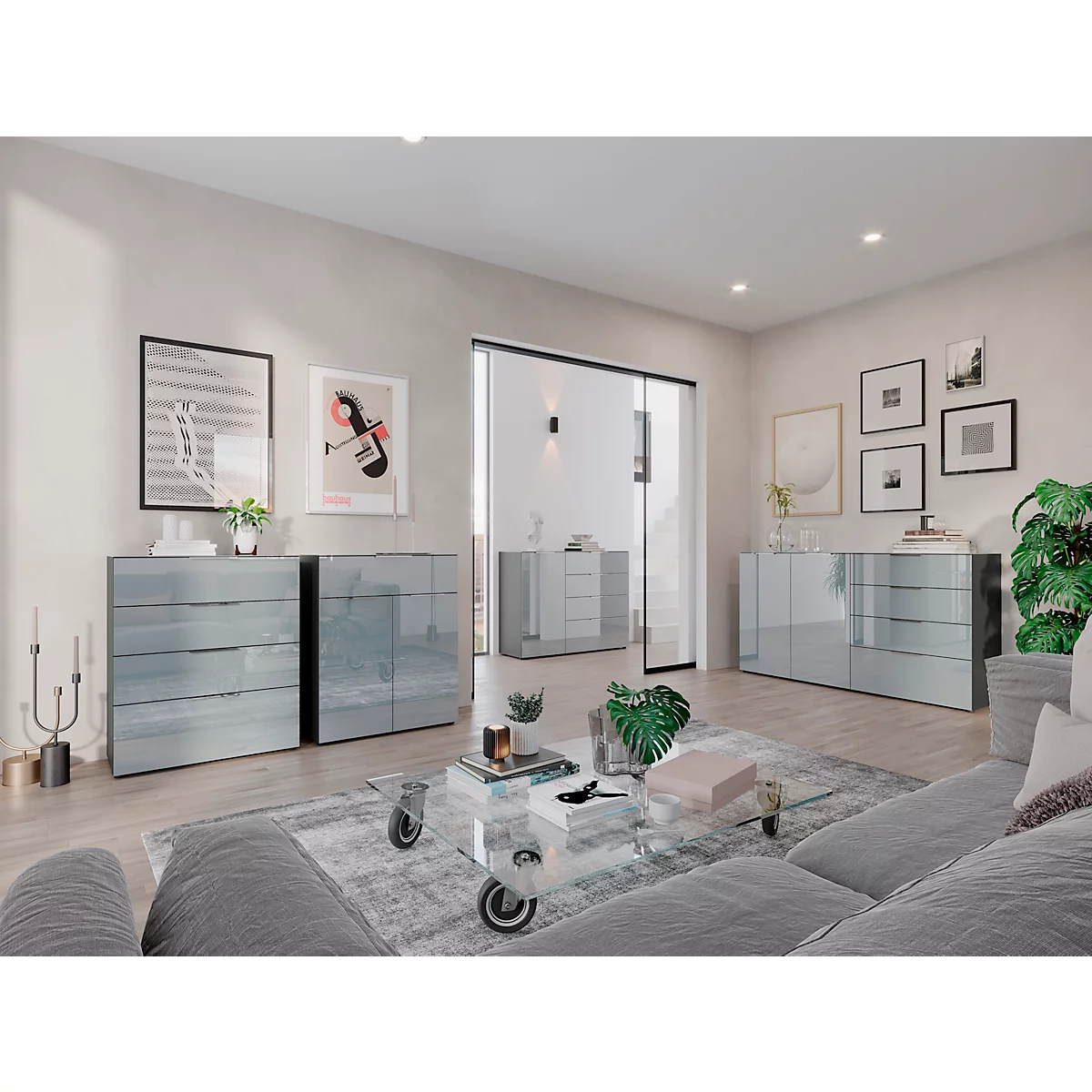 Sideboard, mit 4 Schubladen und 2 Türen, Glasfront- und auflage, B 1840 x T 420 x H 1020 mm, graphit/silbergrau