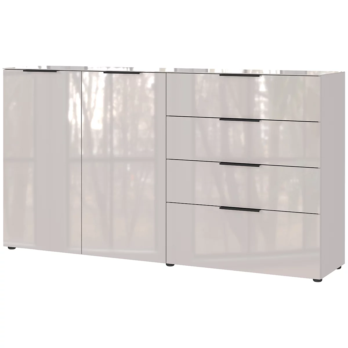 Weißes Sideboard mit Hochglanzoberfläche, Türen und Schubladen, schwarzen Griffen, vor neutralem Hintergrund.