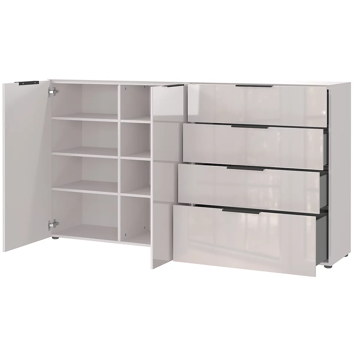 Weiße Kommode mit offenem Schrankfach, Regalen und Schubladen. Der Schrank ist teilweise geöffnet, um das Innere zu zeigen.