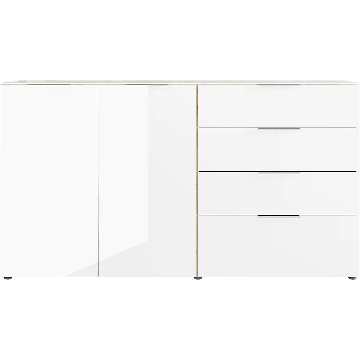 Sideboard, mit 4 Schubladen und 2 Türen, Glasfront- und auflage, B 1840 x T 420 x H 1020 mm, Navarra-Eiche/weiß