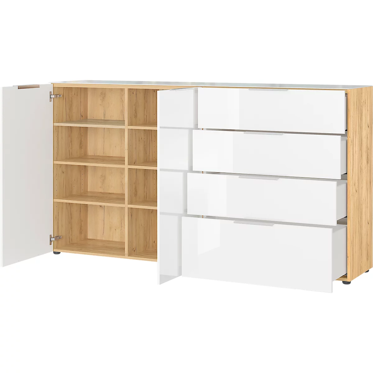 Sideboard, mit 4 Schubladen und 2 Türen, Glasfront- und auflage, B 1840 x T 420 x H 1020 mm, Navarra-Eiche/weiß