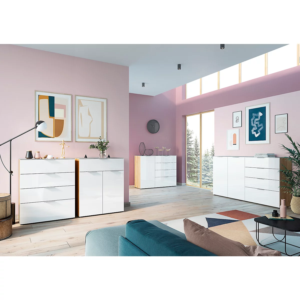 Sideboard, mit 4 Schubladen und 2 Türen, Glasfront- und auflage, B 1840 x T 420 x H 1020 mm, Navarra-Eiche/weiß