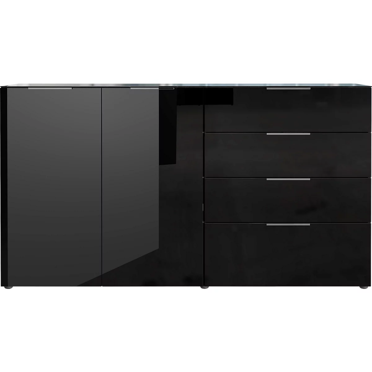 Sideboard, mit 4 Schubladen und 2 Türen, Glasfront- und auflage, B 1840 x T 420 x H 1020 mm, schwarz