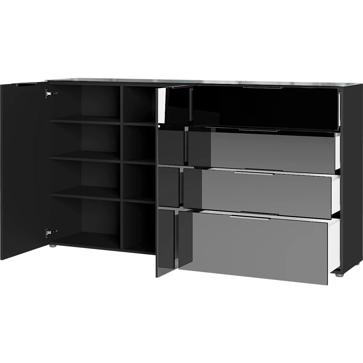 Sideboard, mit 4 Schubladen und 2 Türen, Glasfront- und auflage, B 1840 x T 420 x H 1020 mm, schwarz