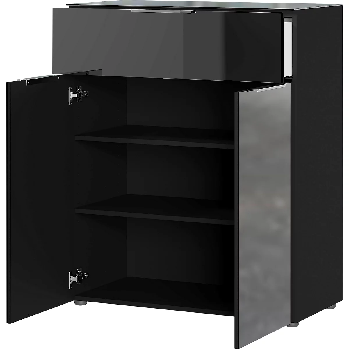 Sideboard, mit 4 Schubladen und 2 Türen, Glasfront- und auflage, B 1840 x T 420 x H 1020 mm, schwarz
