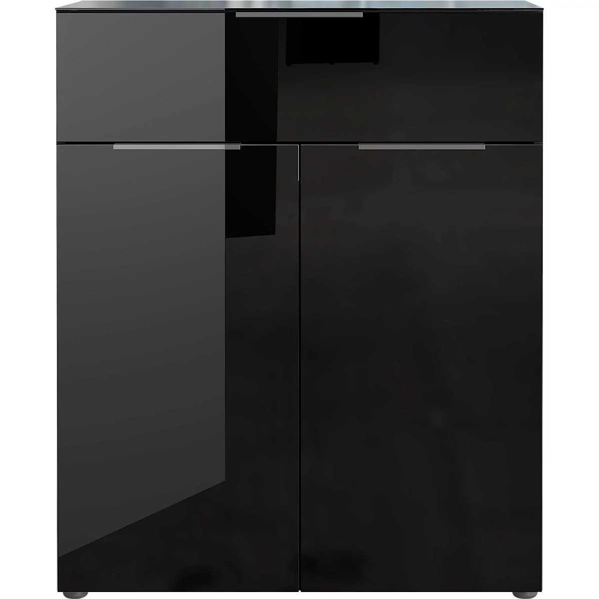 Sideboard, mit 4 Schubladen und 2 Türen, Glasfront- und auflage, B 1840 x T 420 x H 1020 mm, schwarz